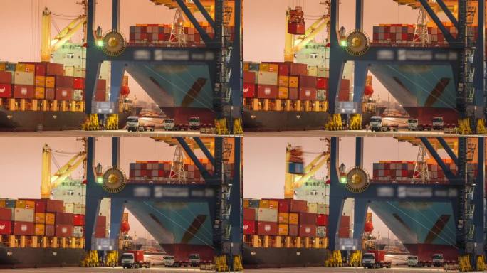 在船厂将集装箱箱延时卸载到货车上集装箱海运港口货运代理服务物流运输。国际航运仓库海关港口进出口