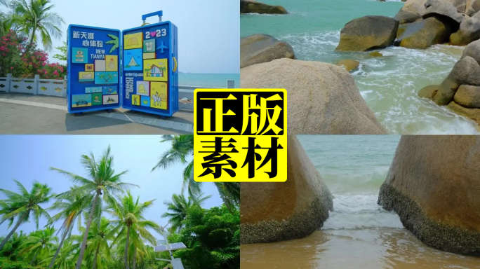 海南三亚天涯海角海边沙滩椰树海浪拍打礁石