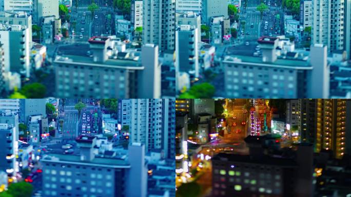 在大阪的城市街道上拍摄的高角度微缩城市景观的黄昏延时
