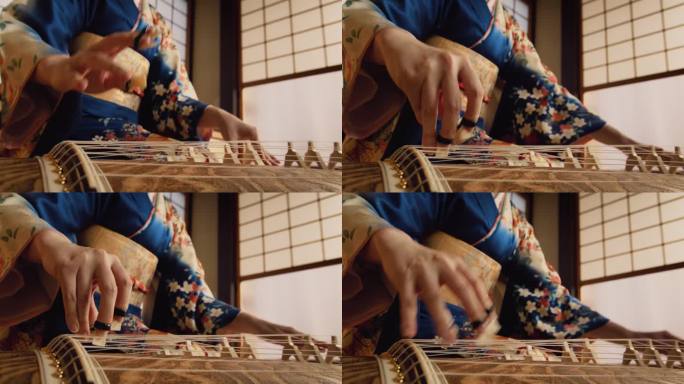 一位匿名女性演奏传统日本弦乐器的迷人特写。专注于古筝音乐家的手，在舞台上表演美丽的历史音乐
