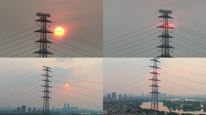 湖北武汉城市高压线电力线与太阳互动画面