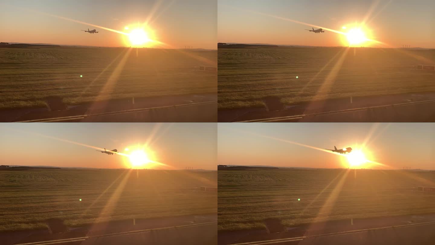 飞机在日落时降落。从驾驶舱看。波音和空客