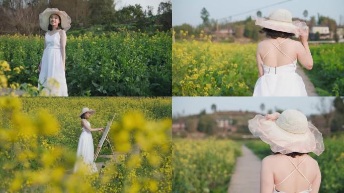 Z0091美女在油菜花地 春天写生 画画