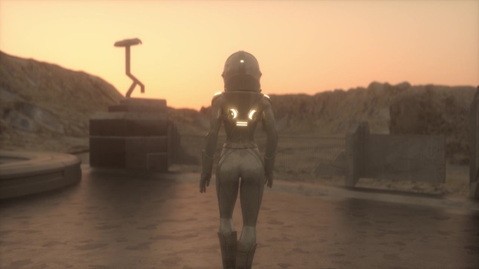 穿着太空服的宇航员走向火星上的研究站、殖民地或科学基地。未来的殖民和太空探索概念