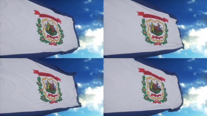 西弗吉尼亚州的国旗在旗杆上迎风飘扬，蓝天为背景