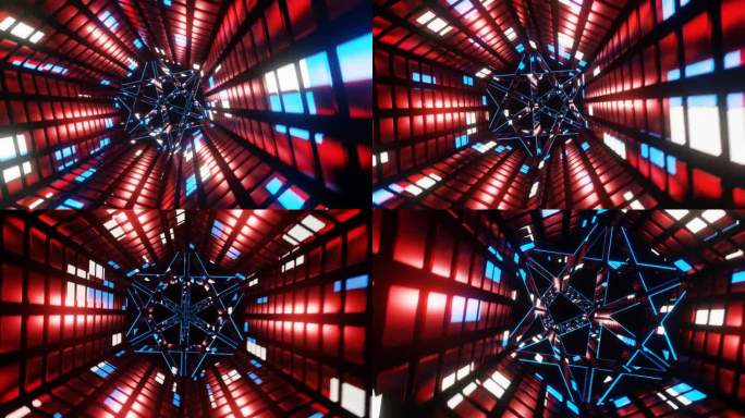 红色与蓝色和白色科幻霓虹辉光六边形隧道在4K