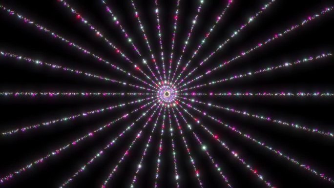 闪光粒子圆动画在黑色背景，粒子圆形状技术背景。相机飞过闪闪发光的粒子形状。粒子迪斯科圆形背景。