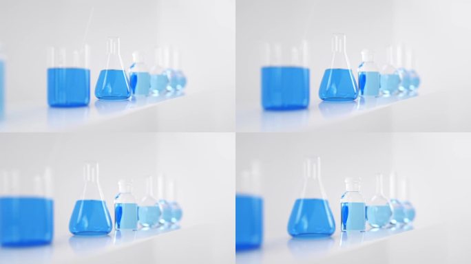 侧视实验室玻璃器皿中的蓝色液体