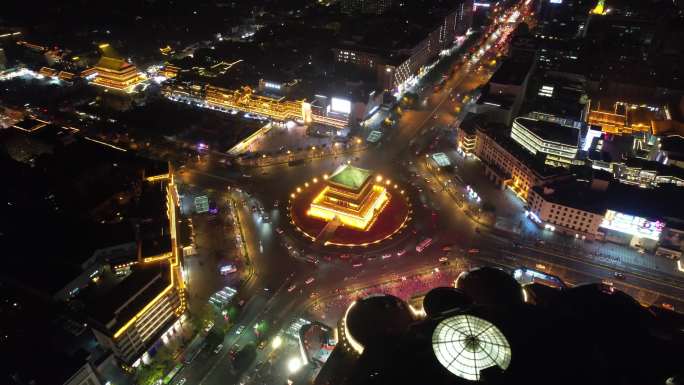 西安钟楼360度环绕全景航拍车流建筑夜景