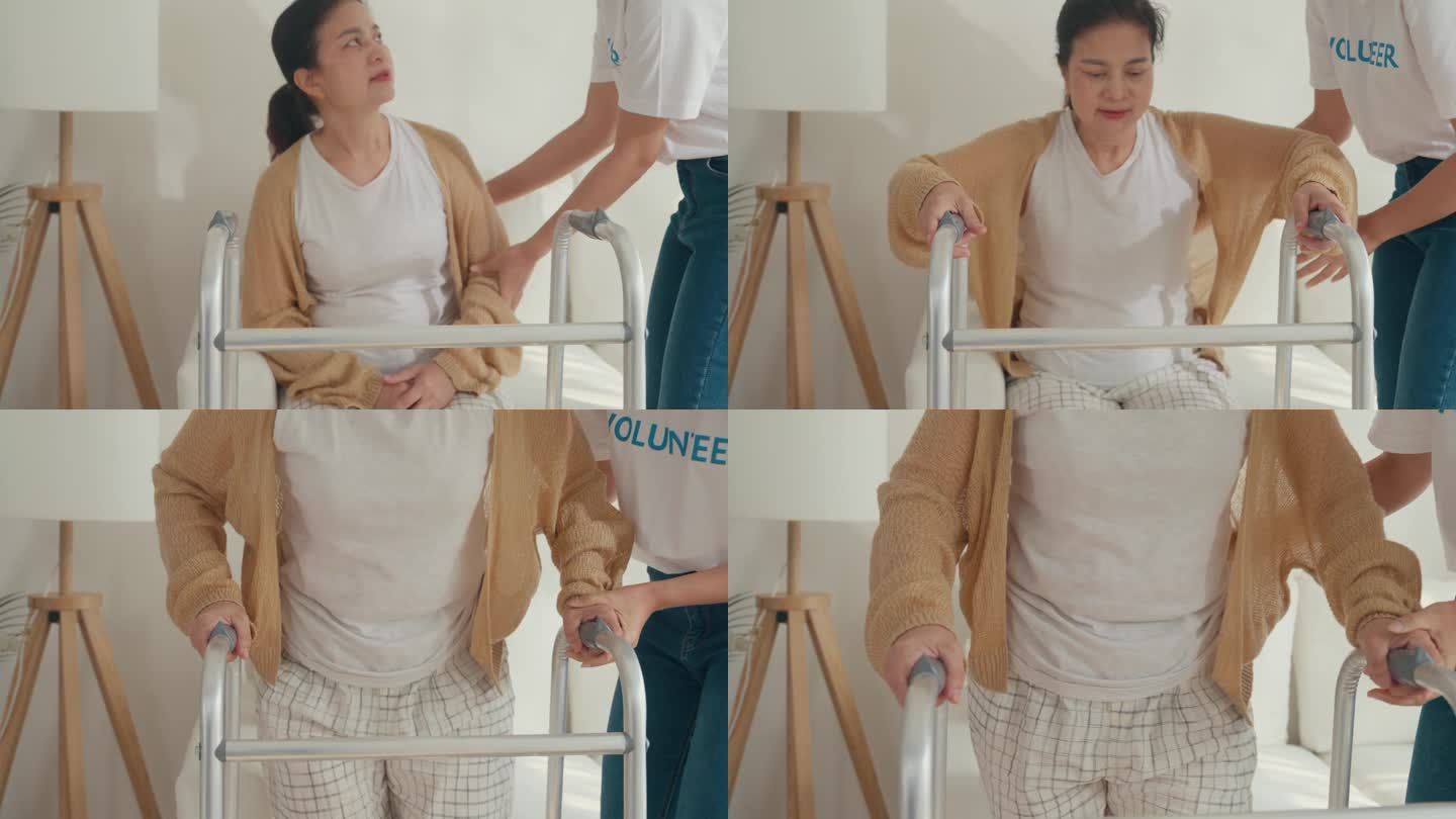 年轻的亚洲女性志愿者在家里的客厅里教老妇人走路，使用助行器照顾老人。志愿医疗保健。