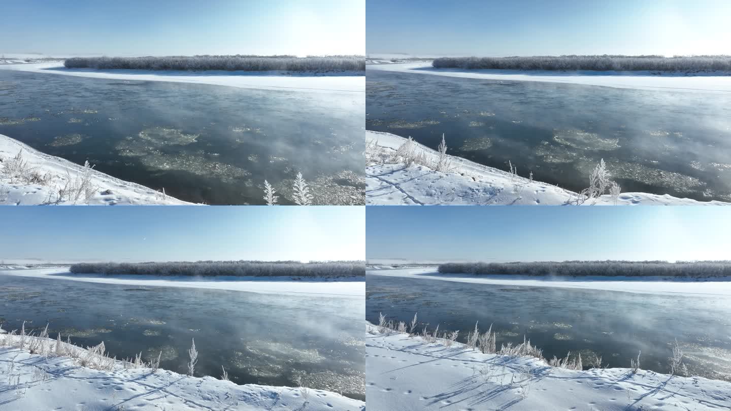 初冬河水上冻前浮冰顺流而下