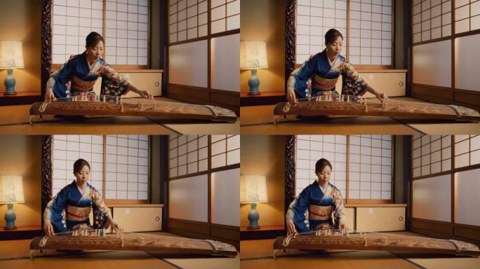日本传统家庭中弹奏古筝拨弦的才女画像。身穿蓝色和服的音乐家，在音乐会前练习演奏历史音乐