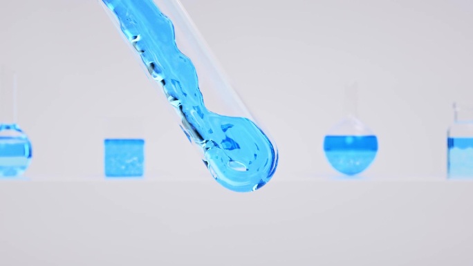 蓝色液体缓慢倒入玻璃试管三维动画广告素材
