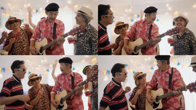 在一个家庭聚会上，当朋友们一起跳舞时，快乐的老人在弹吉他。