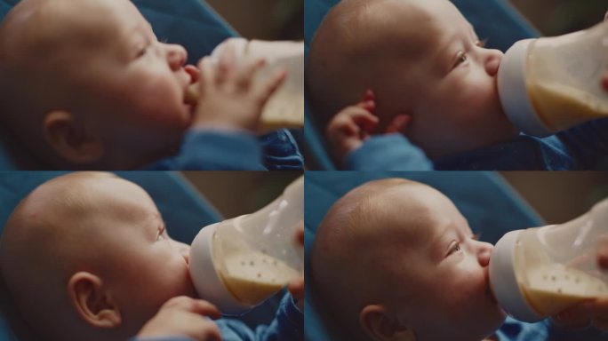 调皮的小男孩在家里喝着妈妈喂的奶瓶里的牛奶