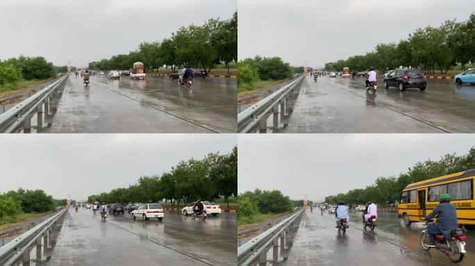 雨中车辆行驶在潮湿的道路上。雨天道路上的交通场景，阴雨天气