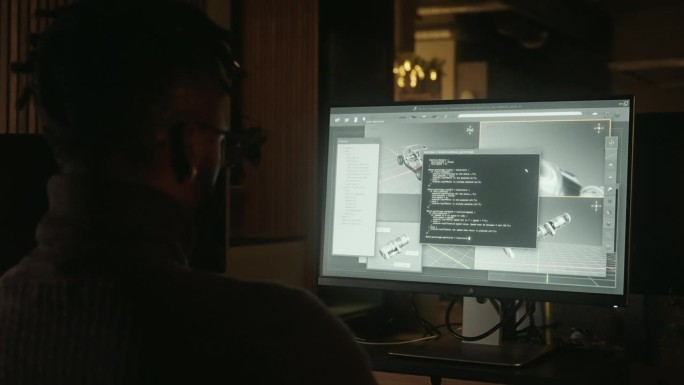 一名电动车工程师在夜间编程，专注于带有3D图形和代码数据的显示器