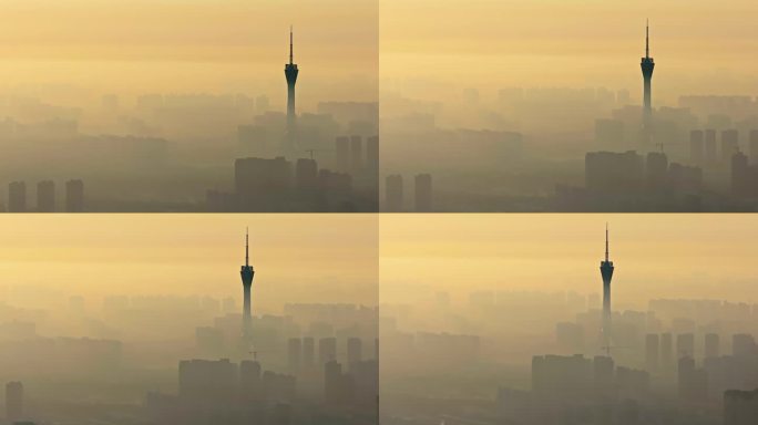 中国河南郑州清晨日出晨雾城市风光航拍
