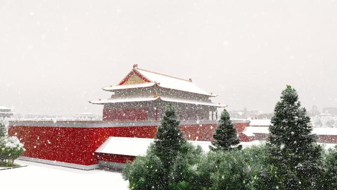 寒冷冬天北京故宫下雪飘起雪花