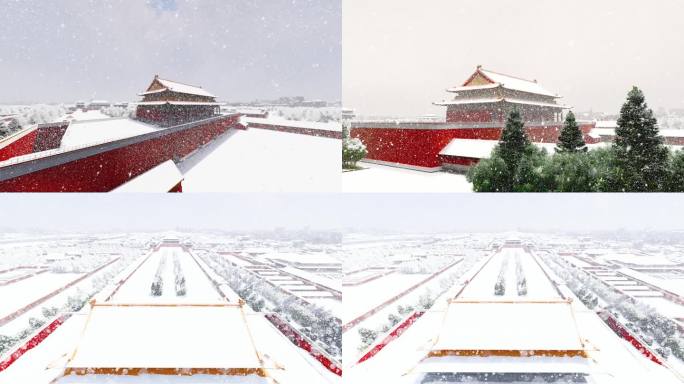 寒冷冬天北京故宫下雪飘起雪花