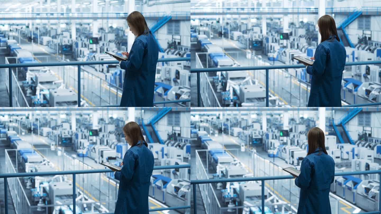 有经验的女工程师站在平台上，使用平板电脑，俯瞰人工智能支持下的现代自动化电子制造。工厂经理上班