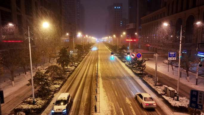 航拍长春市夜景大雪