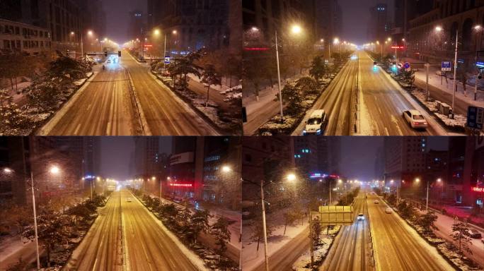 航拍长春市夜景大雪