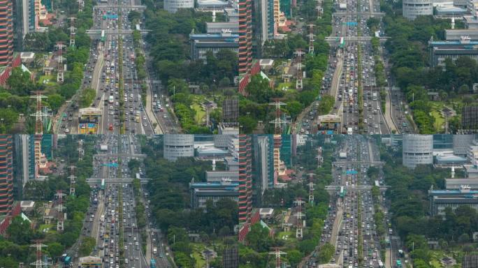 白天雅加达市高交通街道道路高峰时间航拍全景4k延时印尼