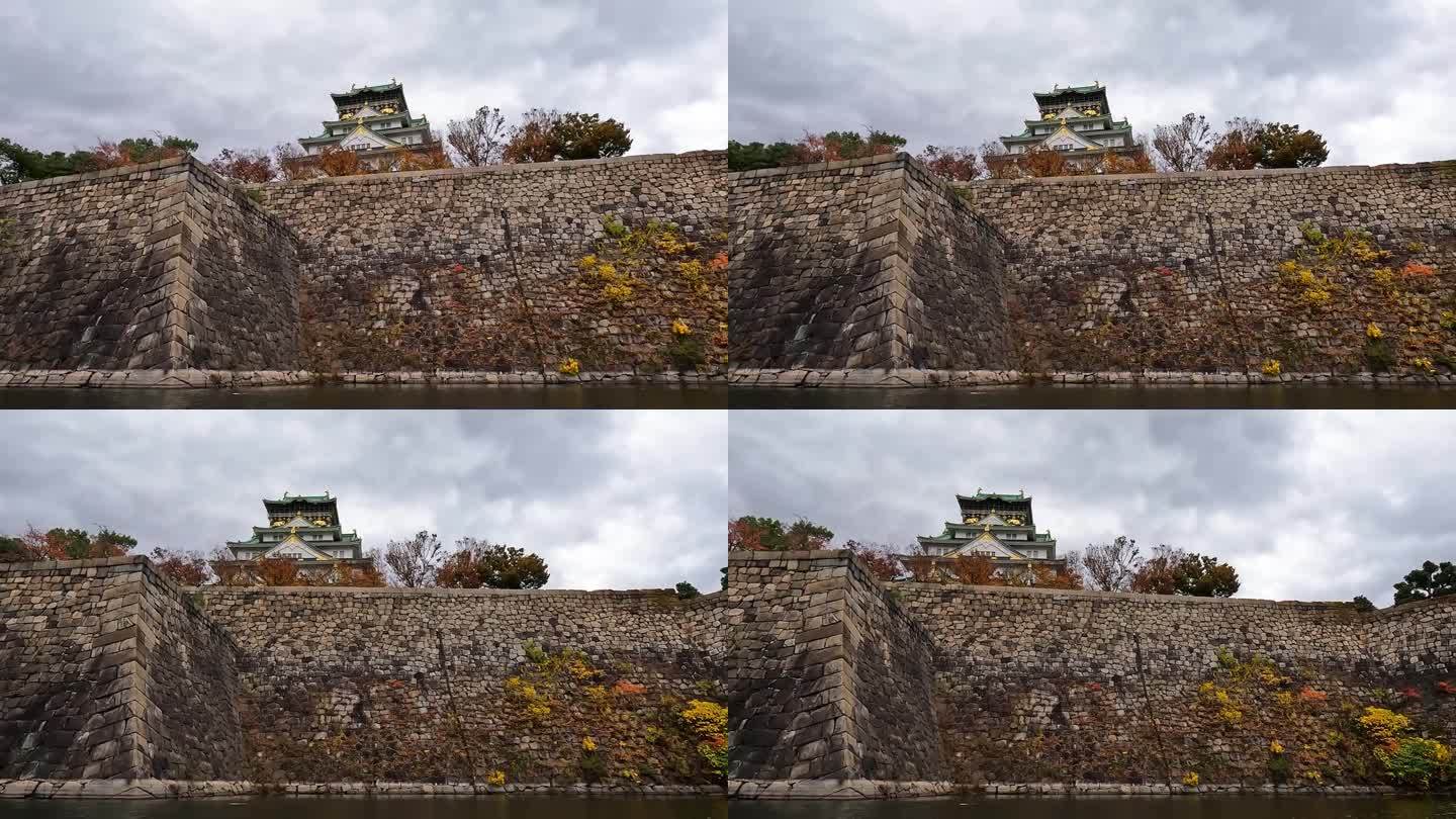 大阪城主塔的低角度，这是日本的一个要塞