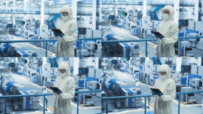 工业科学家在生产工厂穿着一次性防护服、面罩和护目镜。女性使用平板电脑，分析工作场所的潜在危害和污染