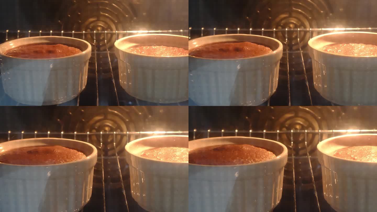 巧克力舒芙蕾在烤箱里烘烤的延时视频