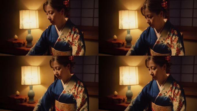 一位专注的成年女性在弹奏日本传统Toto乐器的肖像。音乐家穿着美丽的和服，在昏暗的室内灯光下演奏古典