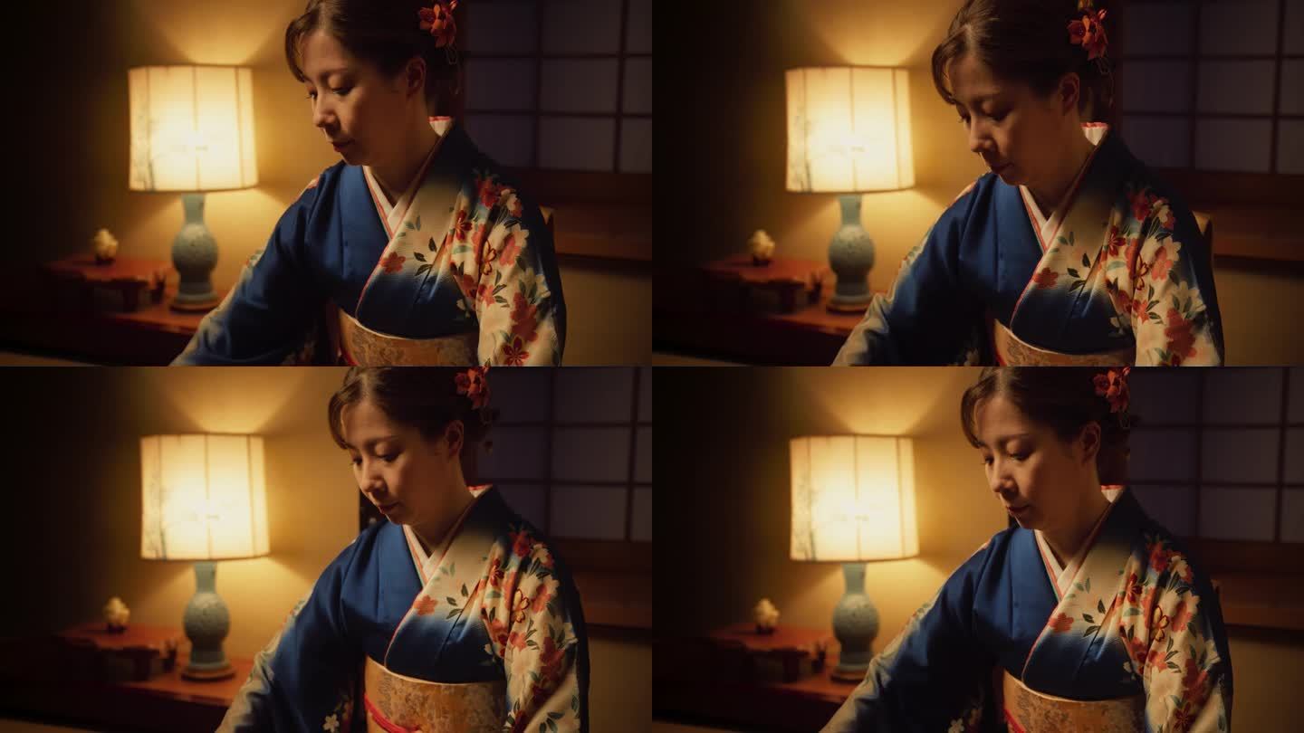 一位专注的成年女性在弹奏日本传统Toto乐器的肖像。音乐家穿着美丽的和服，在昏暗的室内灯光下演奏古典