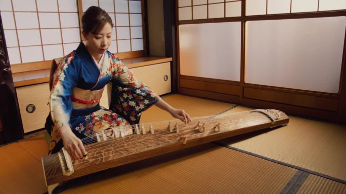 正宗的日本琴手在她的传统家中练习弦乐艺术。身穿蓝色和服的音乐家使用日本长板古筝，有13根丝弦和活动桥