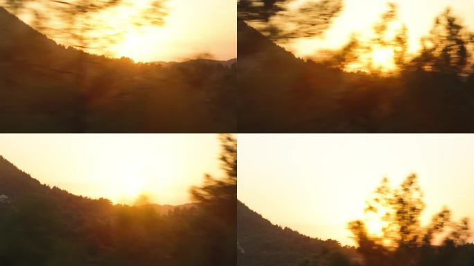在颠簸的山路上行驶的汽车上看到的景象，明显的震动，以及透过树林窥视的日落。