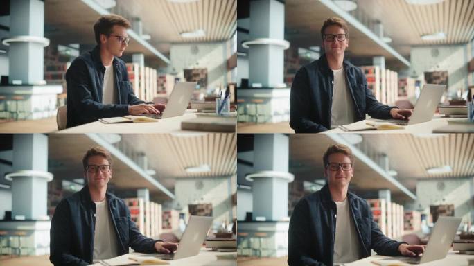 一个帅气的男学生在现代图书馆的笔记本电脑上做他的大学作业。年轻的白人男子微笑着看着镜头。他戴着眼镜，