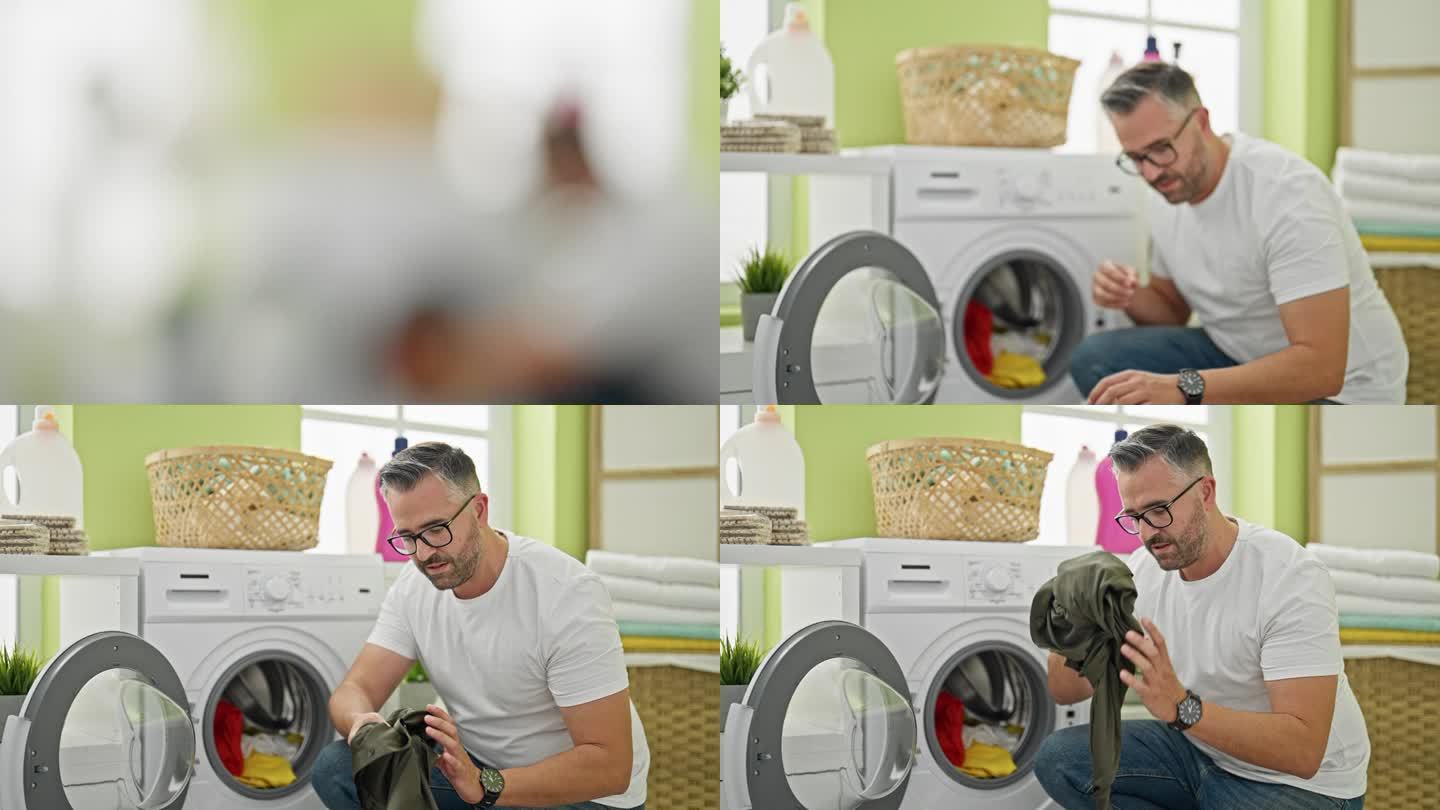 白发老人在洗衣房洗衣服