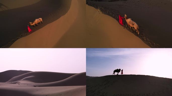 风吹沙漠延时丝绸之路女子沙漠里牵骆驼