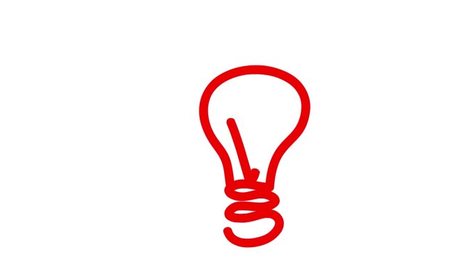 灯泡的红色动画图标。观念和创意。符号是逐渐画出来的。毛圈的视频。线矢量插图孤立的白色背景。