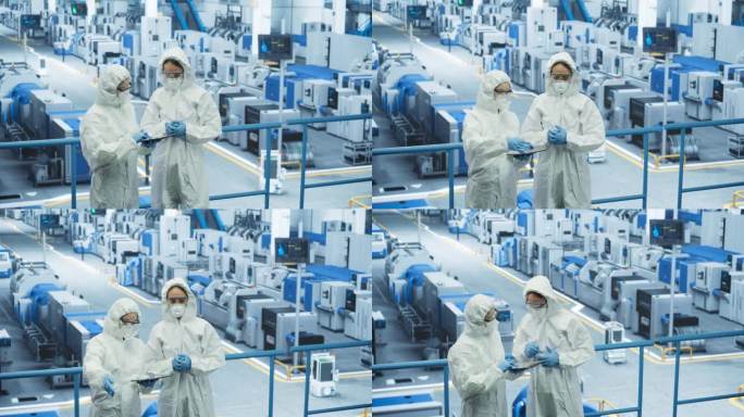 女工们在工厂里穿着全身的聚丙烯工作服。专家使用平板电脑，讨论自动化工作流程。保护员工免受有害物质侵害