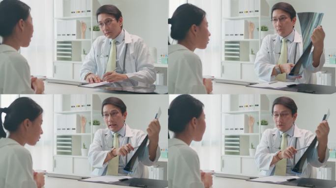 成年亚洲男医生向住院的女病人出示肺部x光检查结果和描述。医疗保健。