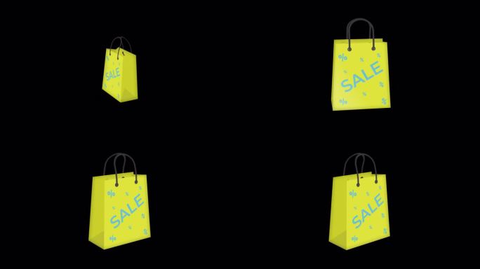 动画折扣的黄色袋销售在黑色背景。营销推广购物视频。销售折扣和零售的经营理念。三维动画卡通。3 d演示