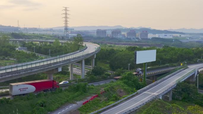 航拍重庆两江新区交通立交大卡车