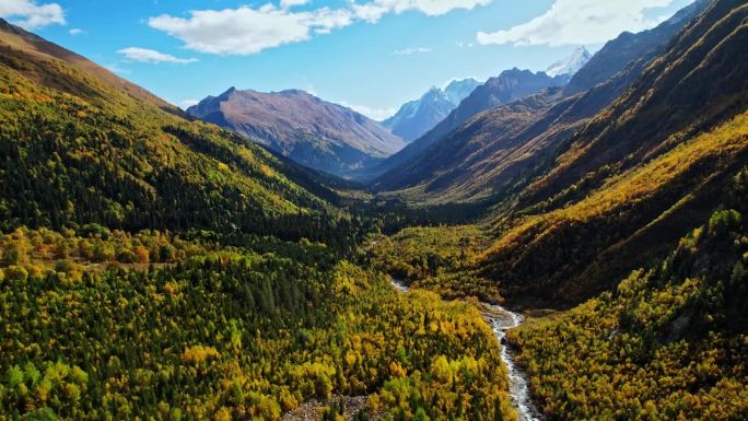 美丽的山谷在高地，鸟瞰在保护区公园或未开发的领土在秋天的一天