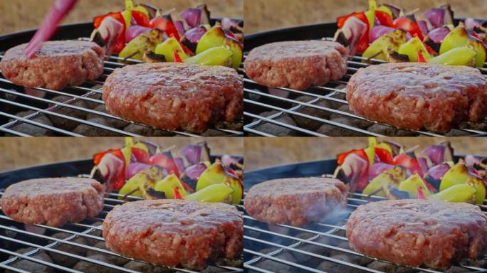 烤好的肉排用刷子涂上香油，蔬菜串在背景上。