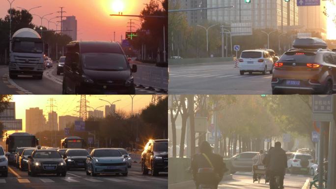 太阳照在路面上街道行人车辆快节奏都市生活