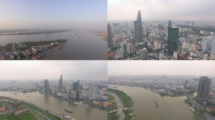越南胡志明市 西贡河 航拍4K 城市景观