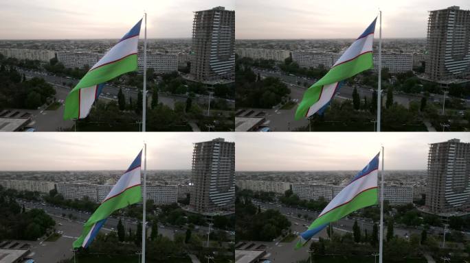 乌兹别克斯坦塔什干市Bunyodkor广场上的国旗和人民友谊宫