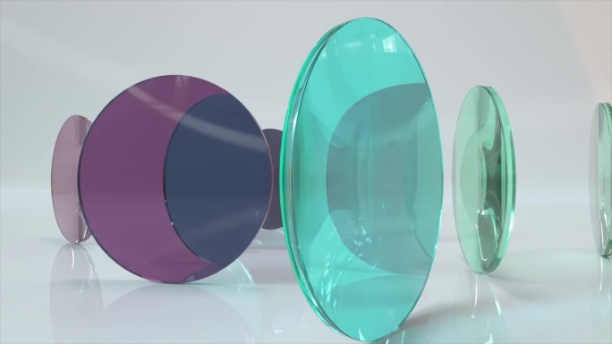 彩色半透明的蓝紫色玻璃镜片在浅色背景上旋转和旋转。三维动画的无缝循环