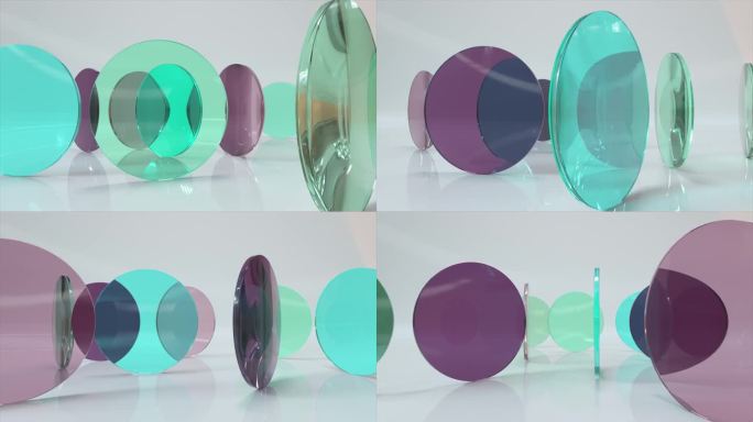 彩色半透明的蓝紫色玻璃镜片在浅色背景上旋转和旋转。三维动画的无缝循环
